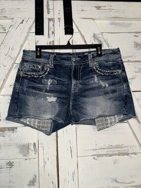 Miss Me Signature Denim Shorts Size 32 Blue Faded Cut Offs Distressed Med Wash